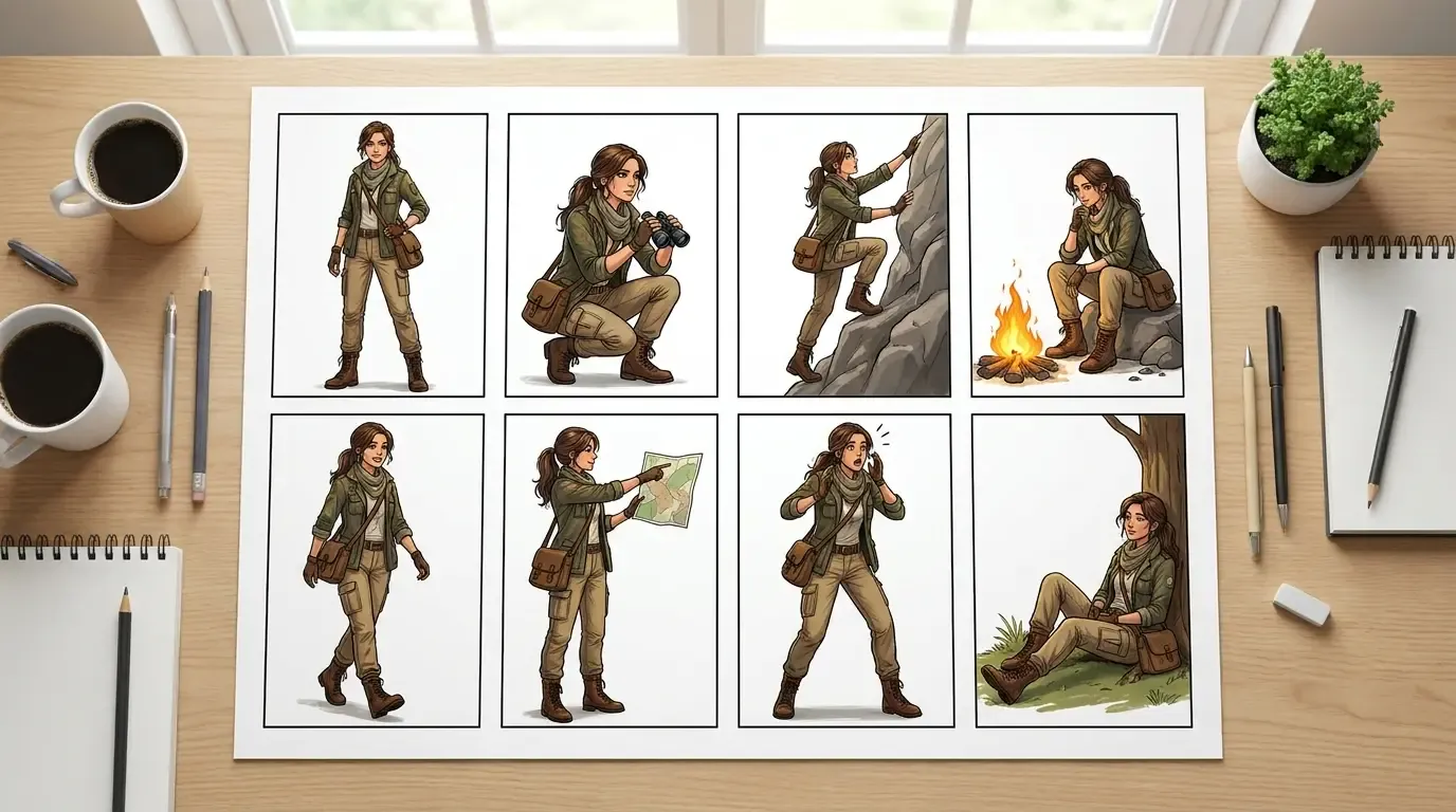 Birden fazla panelde tutarlı şekilde oluşturulan bir karakter sayfası