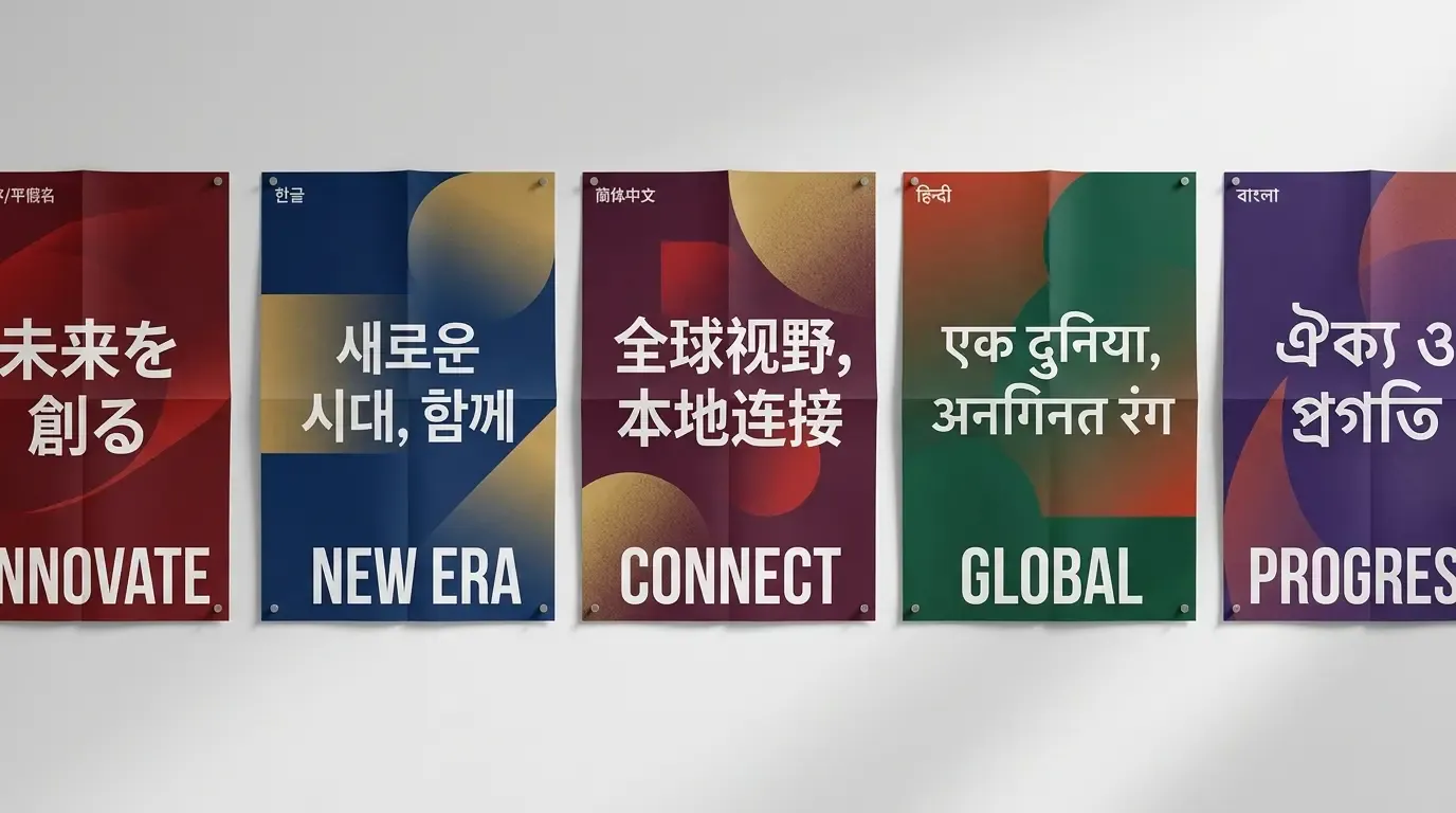 Tek bir kampanya panosunda oluşturulan beş dilli reklam posteri