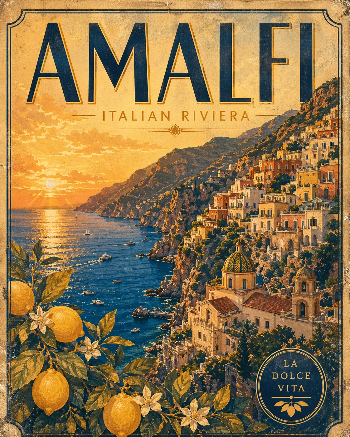 Zarif retro tipografi ile Amalfi Kıyısı'nın vintage seyahat posteri