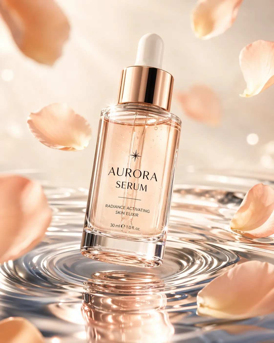 Yansıtıcı sıvı krom ve temiz etiket metni ile lüks cilt bakımı serum reklamı