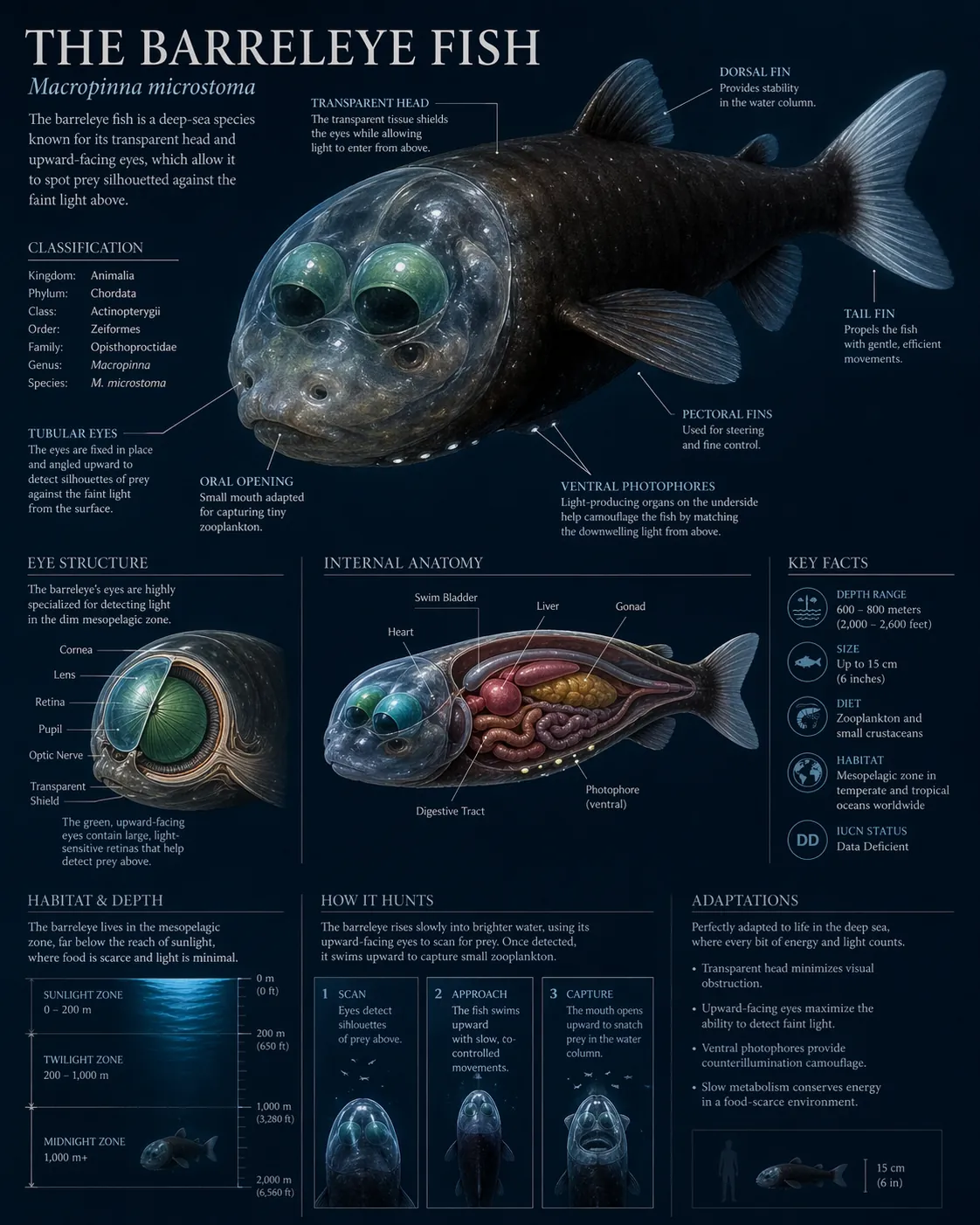 Zarif etiketler ve diyagram çağrıları ile bilimsel fıçı gözlü balık anatomi infografiği