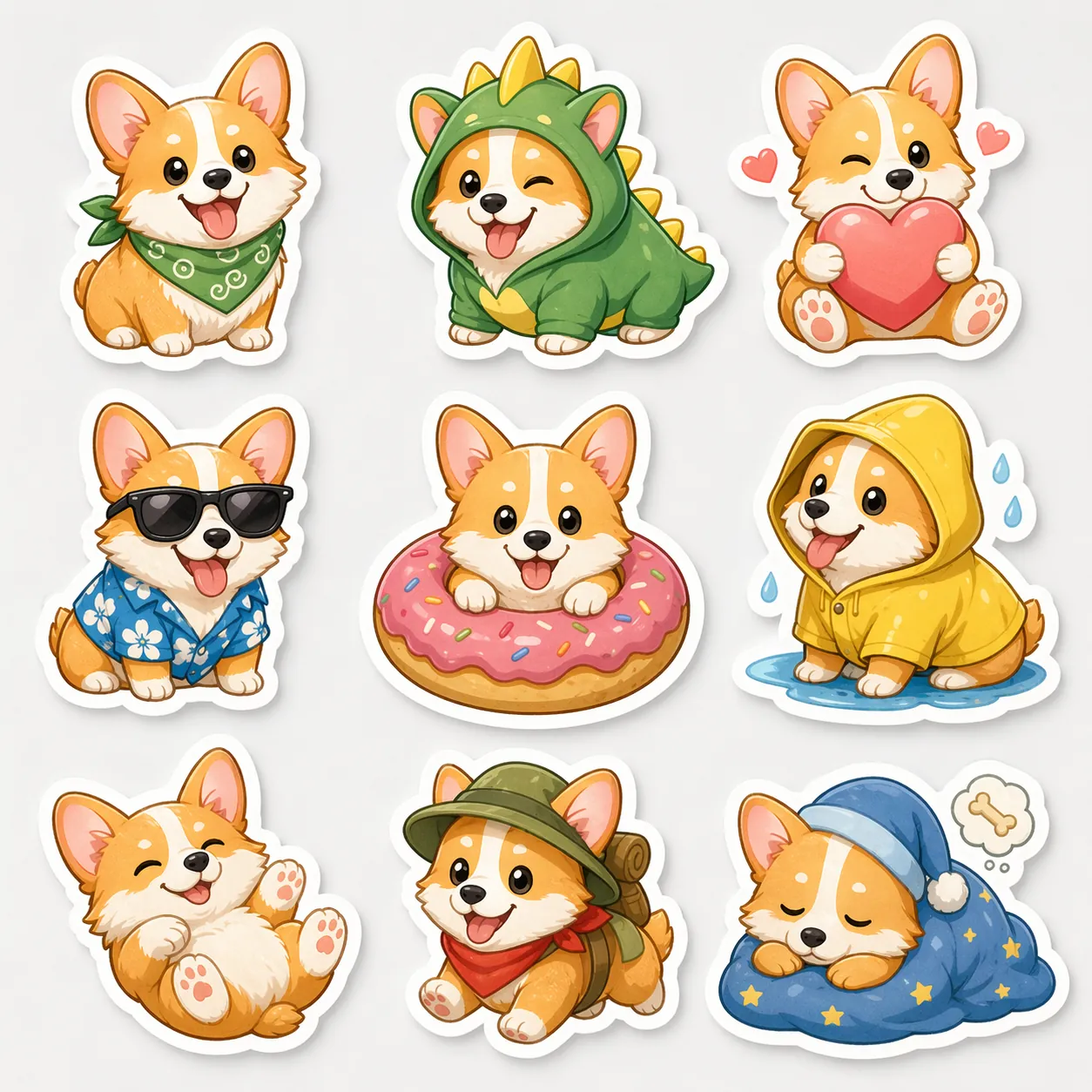 Tutarlı koleksiyon stilinde dokuz corgi karakterinden oluşan kare stiker sayfası