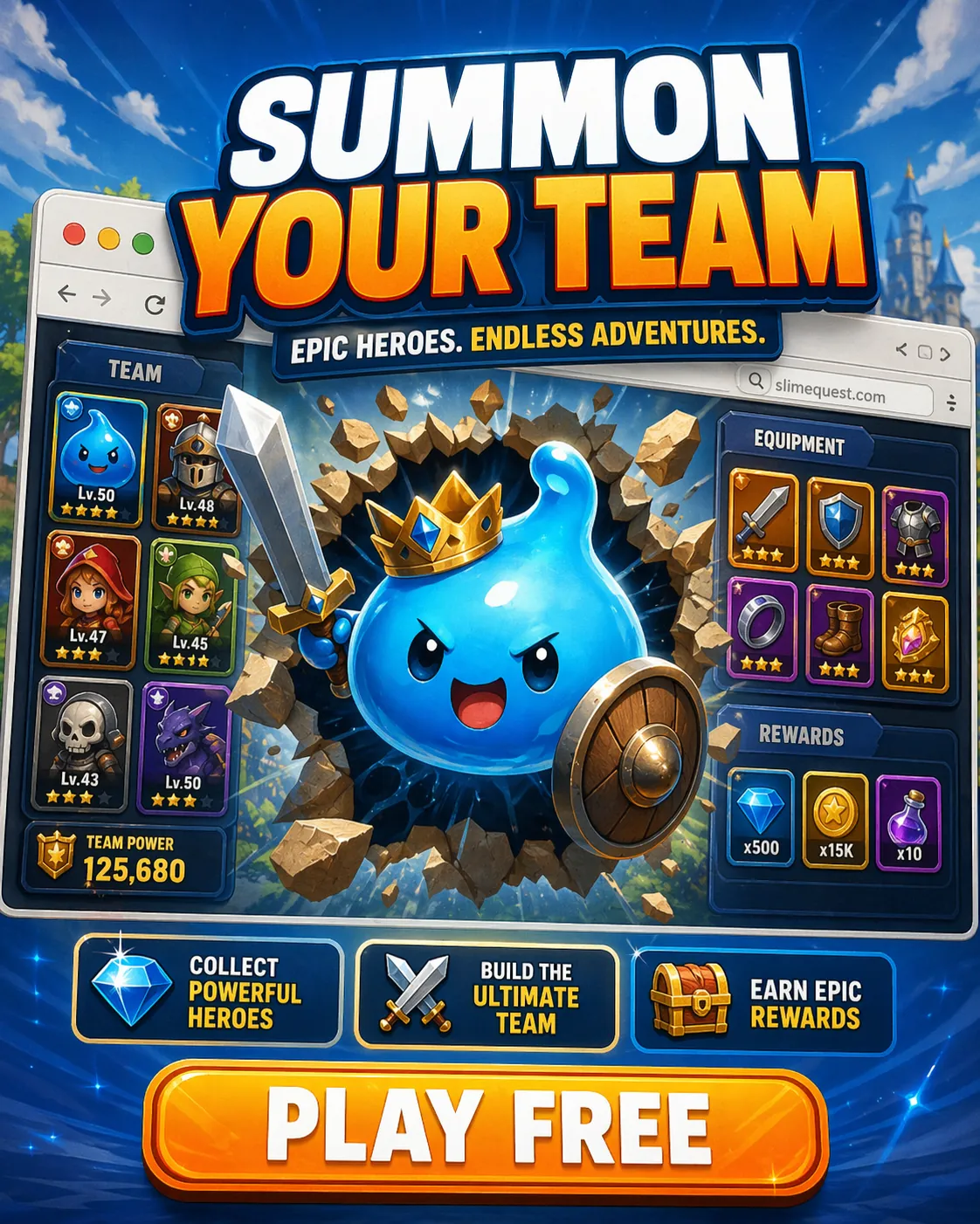 Okunabilir başlık ve eylem çağrısı olan fantezi tarayıcı oyunu reklam görseli