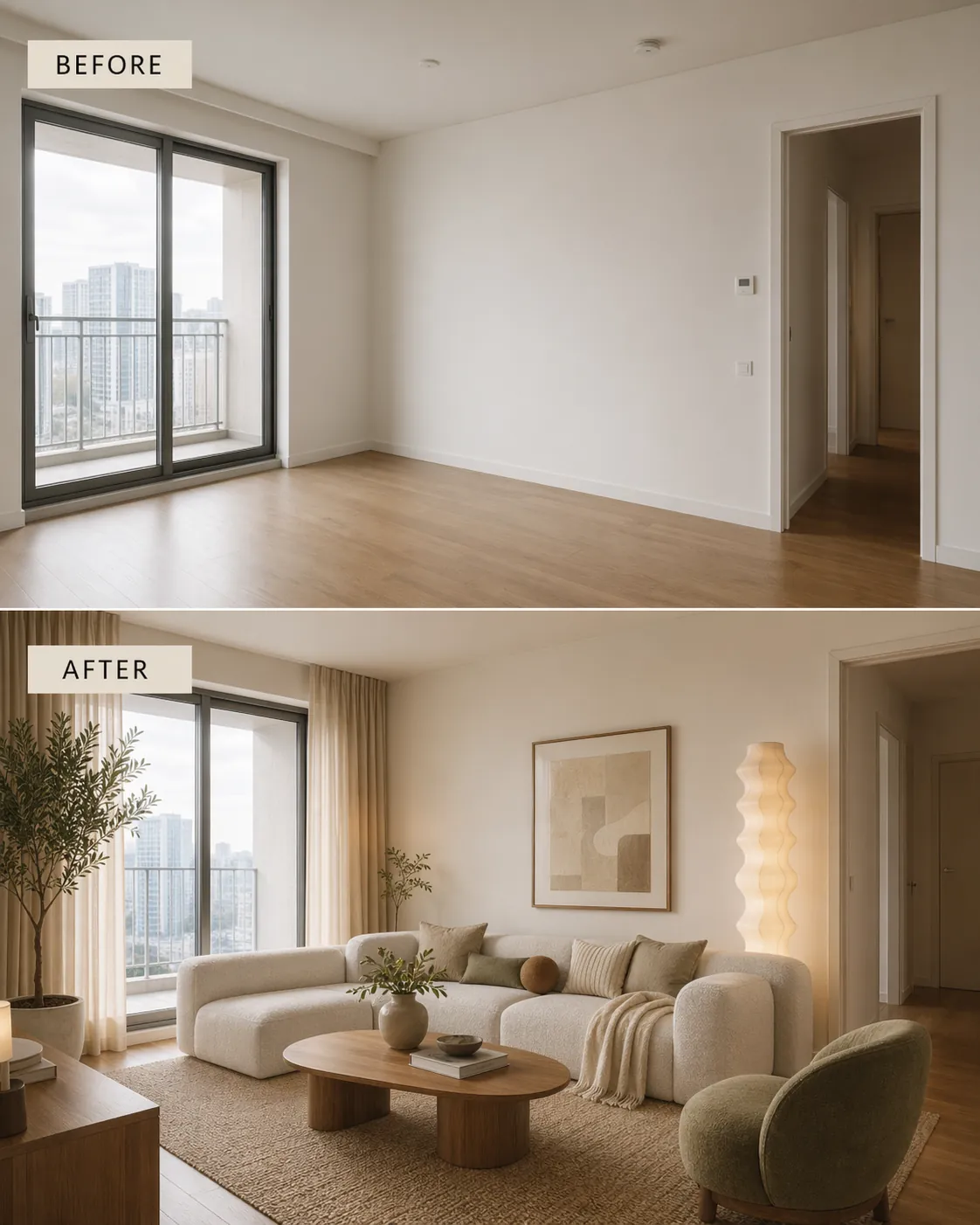 Bir oturma odasını yeniden tasarımdan önce ve sonra gösteren çağdaş iç tasarım panosu