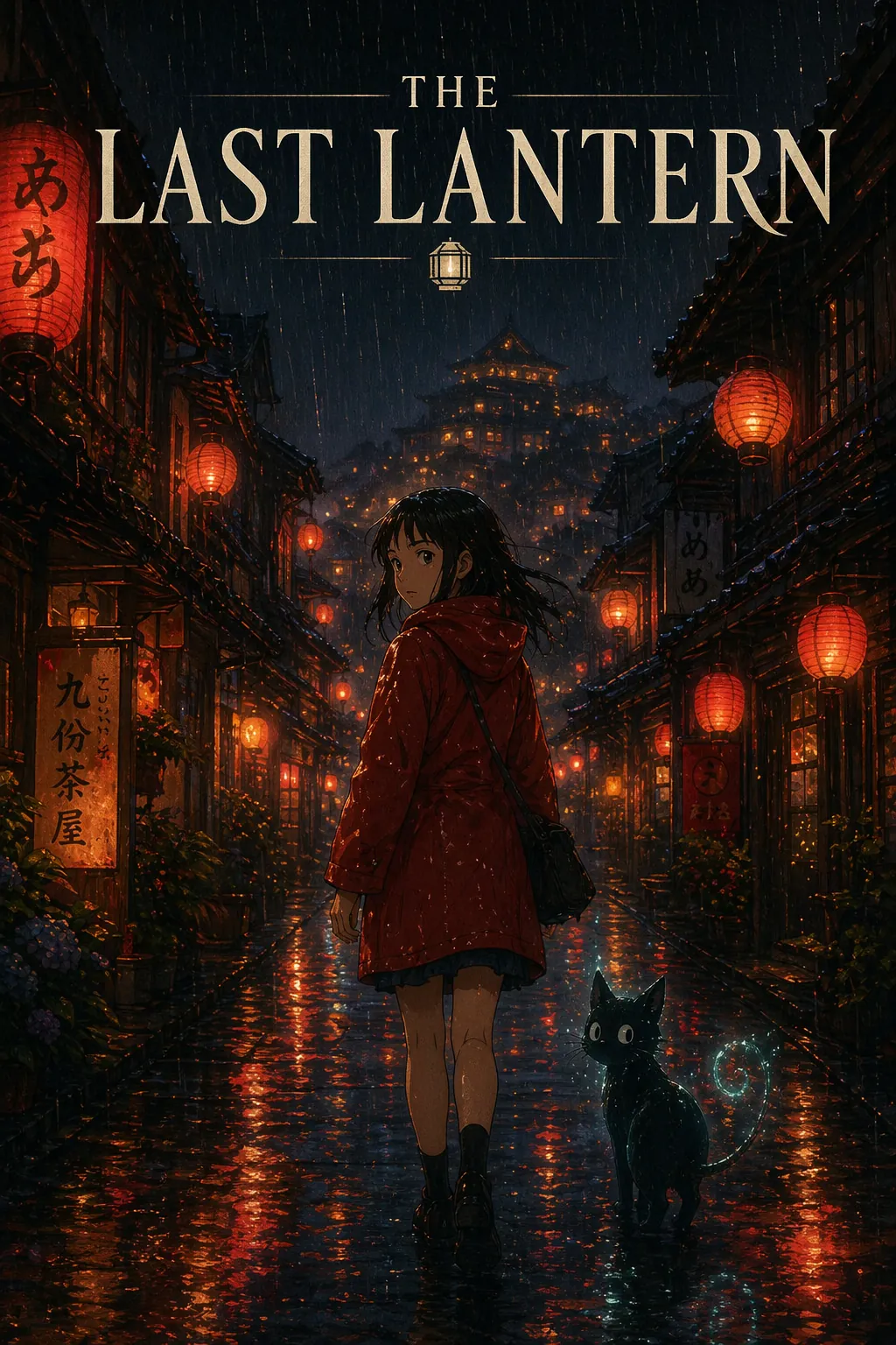 Fenerlerle aydınlatılmış bir sokakta yürüyen kırmızı yağmurluklu kızın anime film posteri