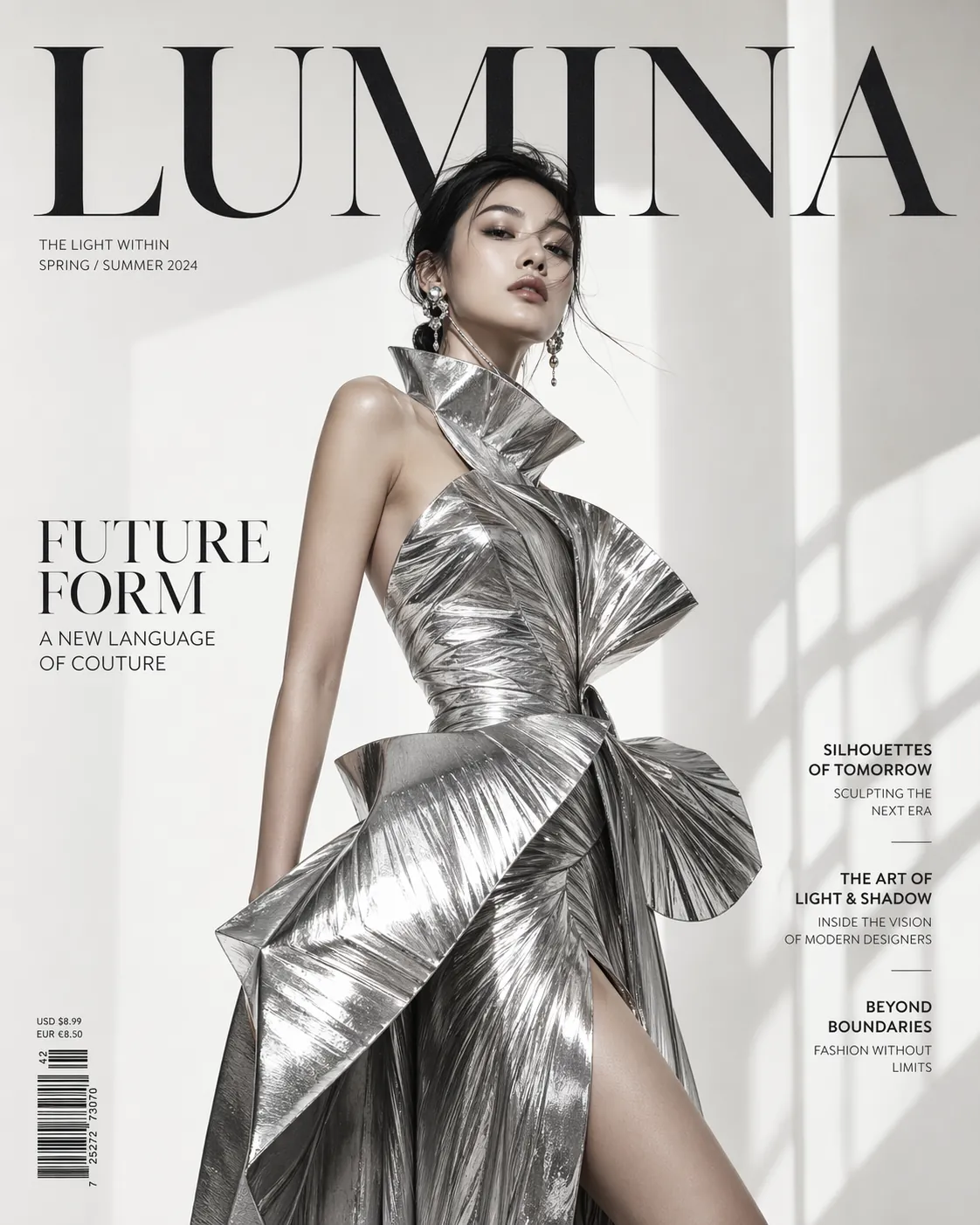 Heykelsi gümüş couture görünümüyle avant-garde moda dergisi kapağı