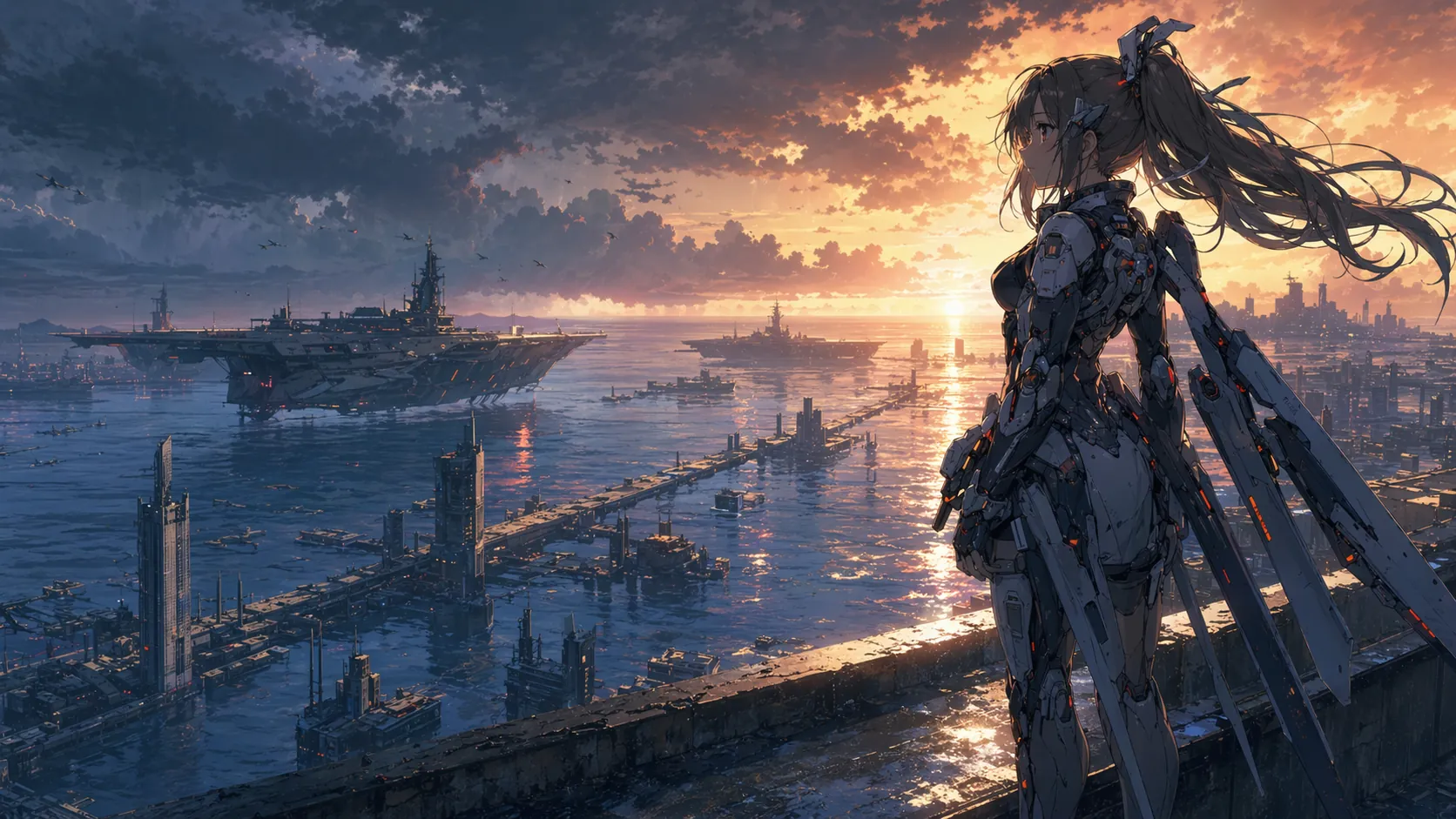 Su altında kalmış fütüristik bir deniz şehrine bakan meka kızın destansı anime anahtar görseli