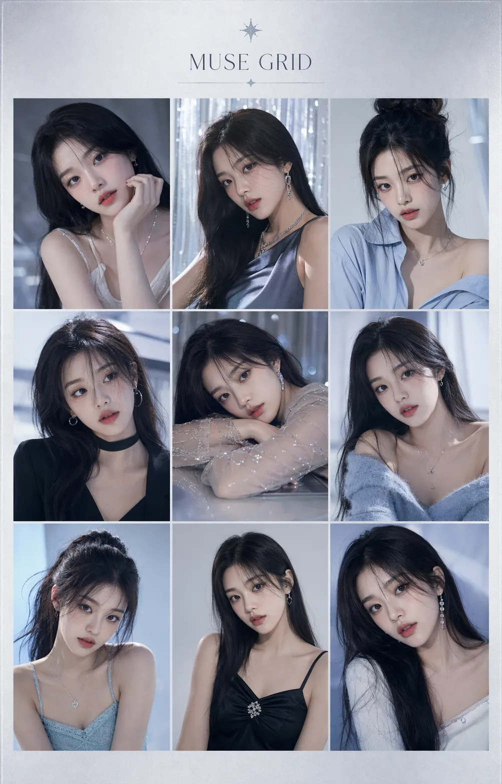 Aynı idolü birden fazla editöryal görünümde gösteren K-pop esinli dokuz çerçeveli ilham ızgarası