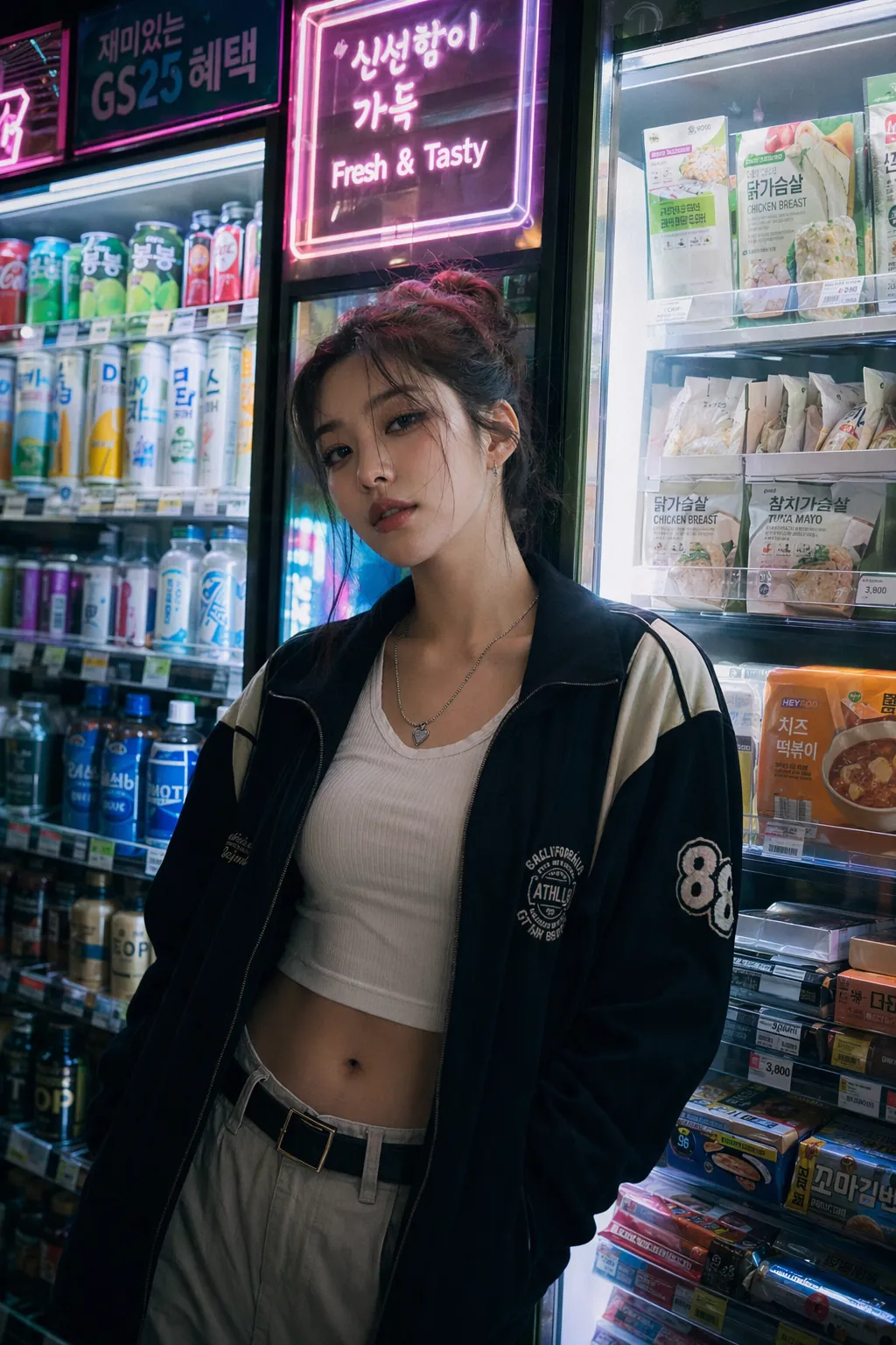 Editöryal moda fotoğrafı gibi çekilen neon bir gece marketi arka planında şık bir kadın portresi