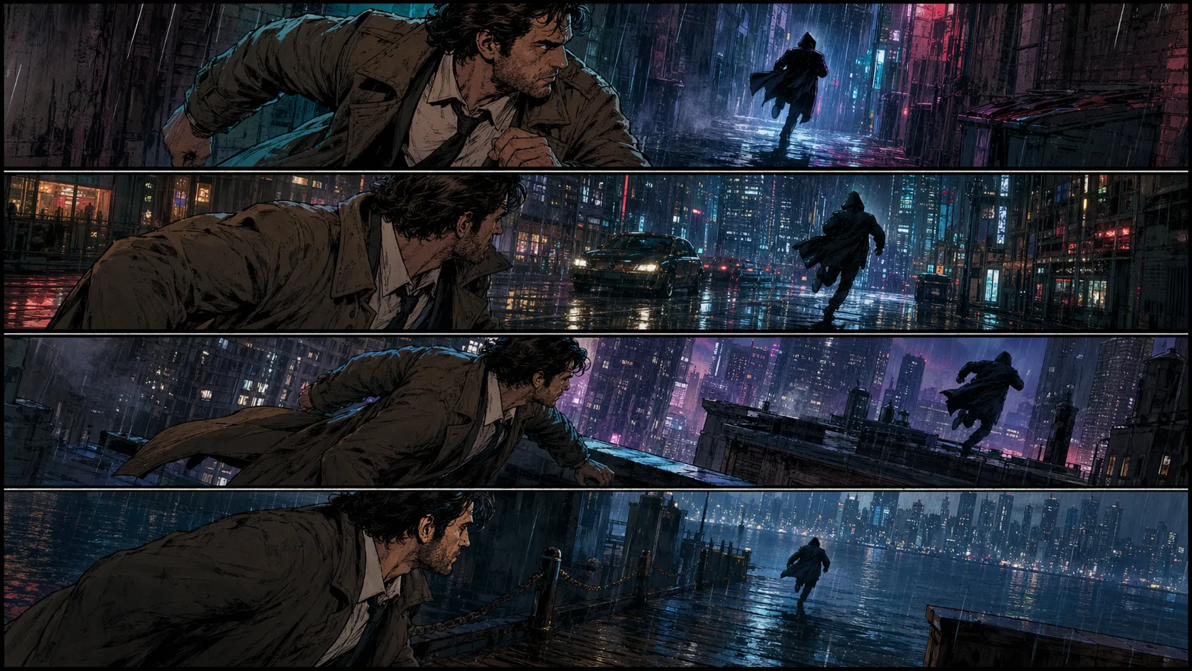 Tutarlı bir çizgi roman kahramanıyla dört panelli neon dedektif hikaye panosu