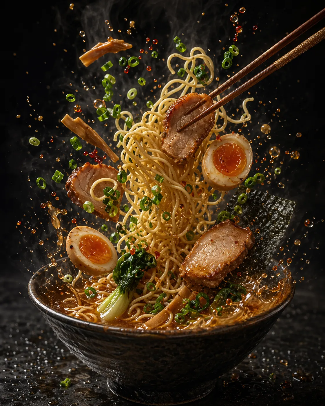 Lüks bir yemek kampanyası çekimi gibi yakalanan patlayan ramen kasesi