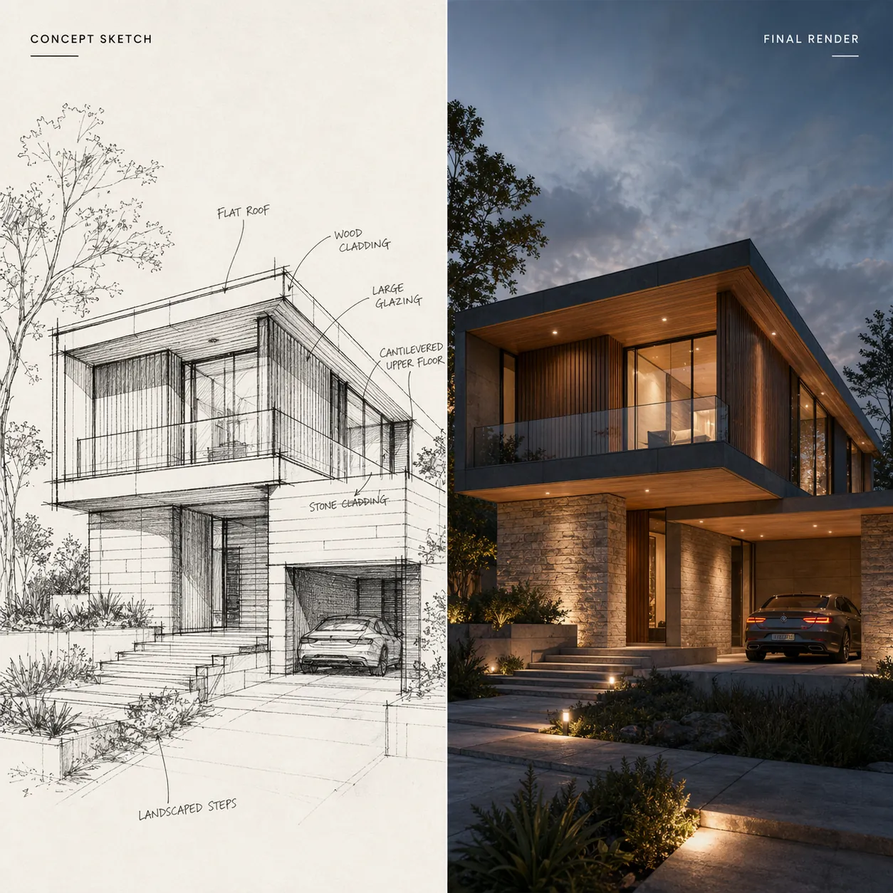 Bir ev eskizinin nihai rendere dönüştürüldüğünü gösteren mimari konsept panosu