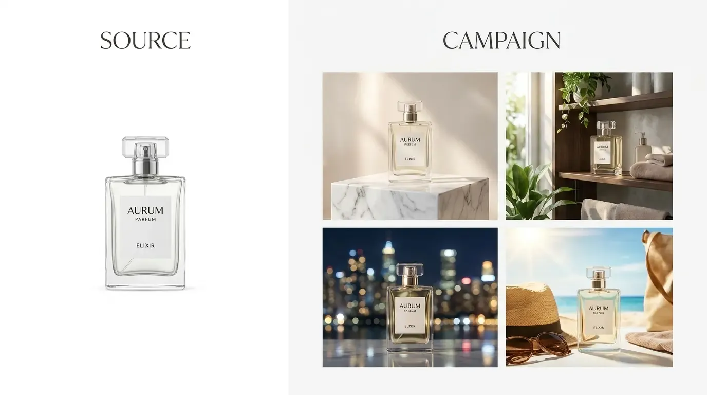 Tek bir parfüm şişesinin birden fazla e-ticaret kampanya sahnesine dönüştürülmesi