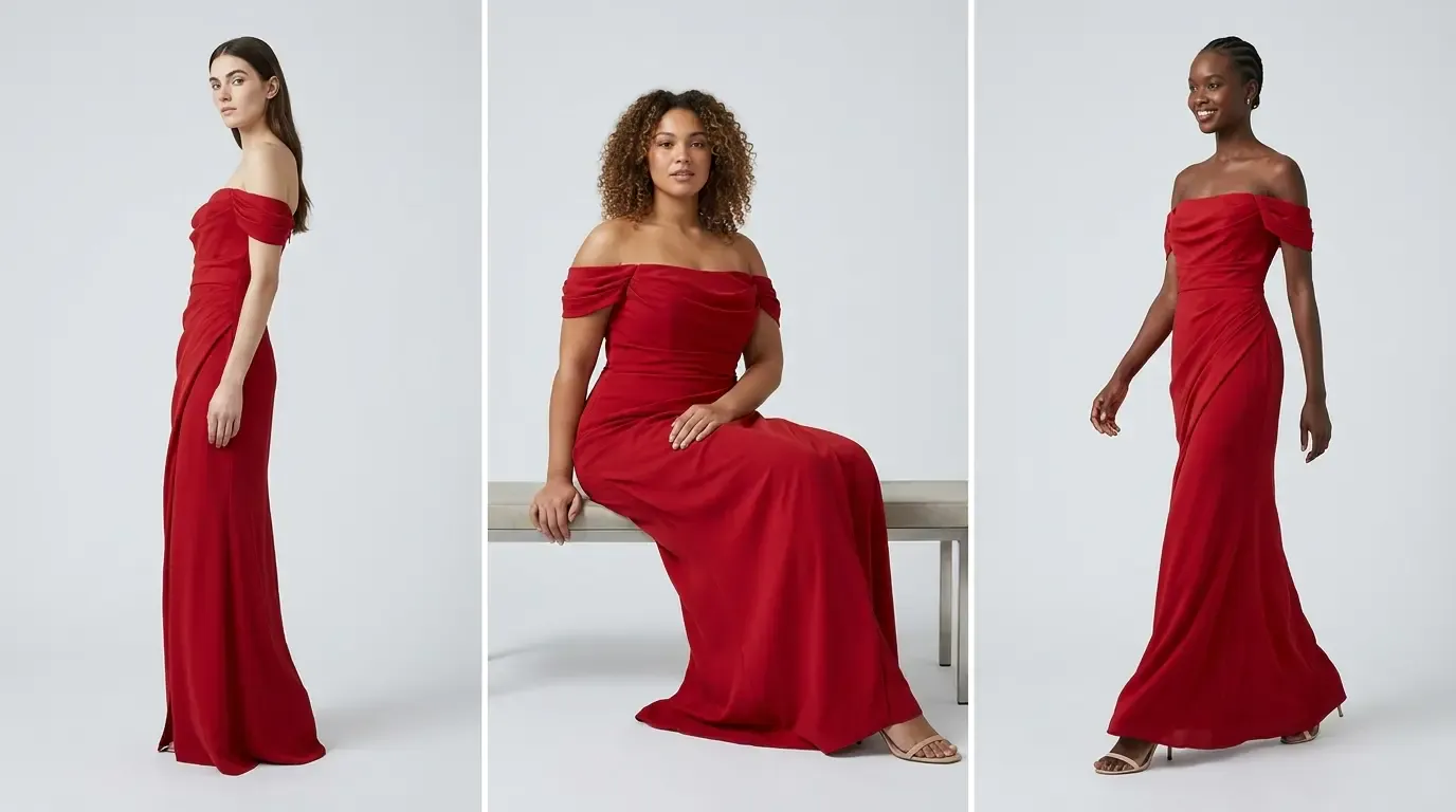 Bir moda kampanyası düzeninde üç farklı modelde gösterilen tek bir elbise