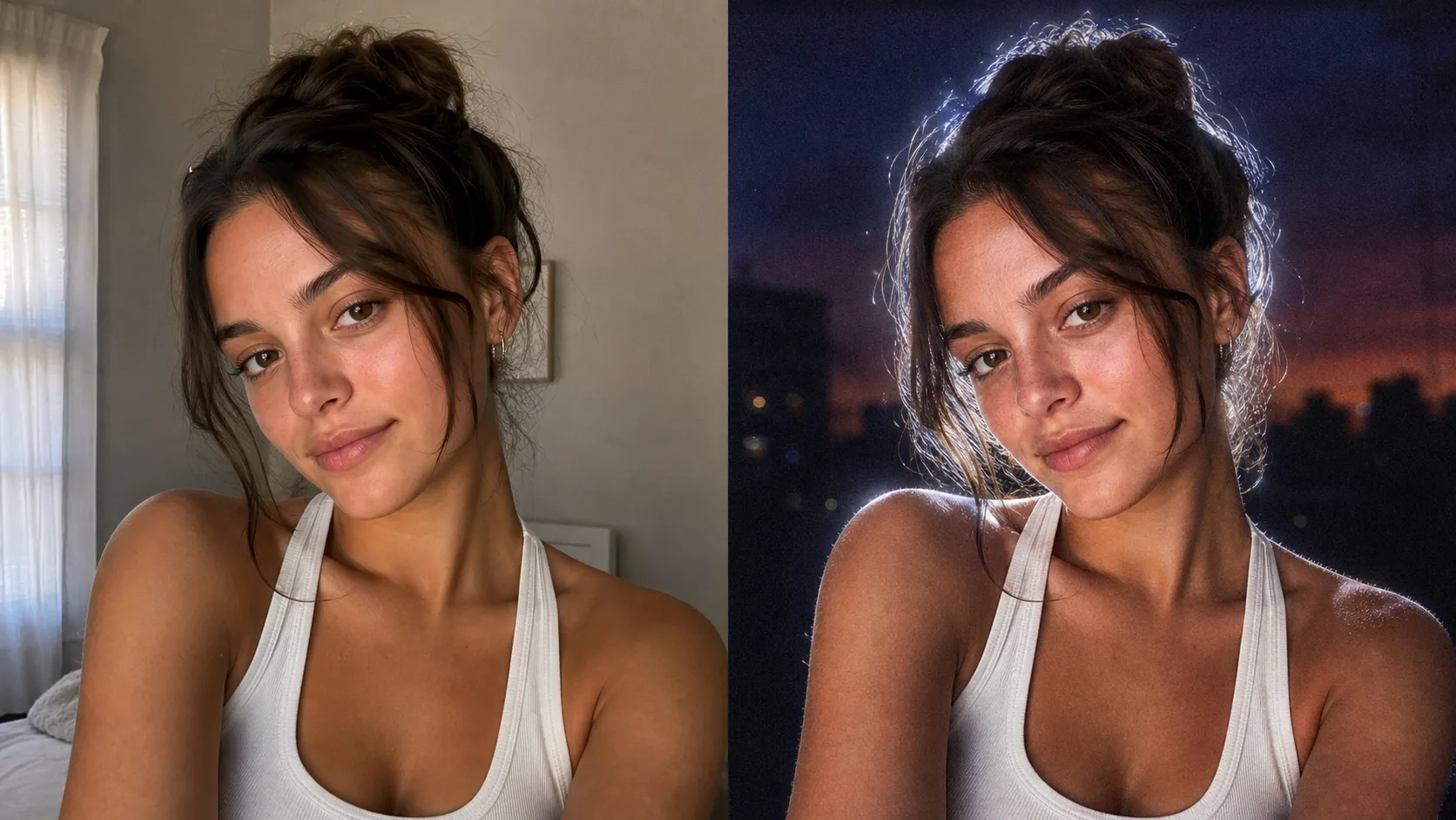 Trasforma un Selfie Casuale in un Ritratto con Flash Notturno before and after Lofi Dusk filter