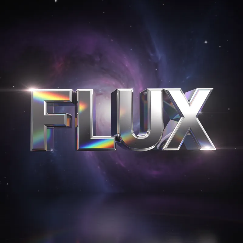 Stylized 3D text with complex reflections and lighting effects
