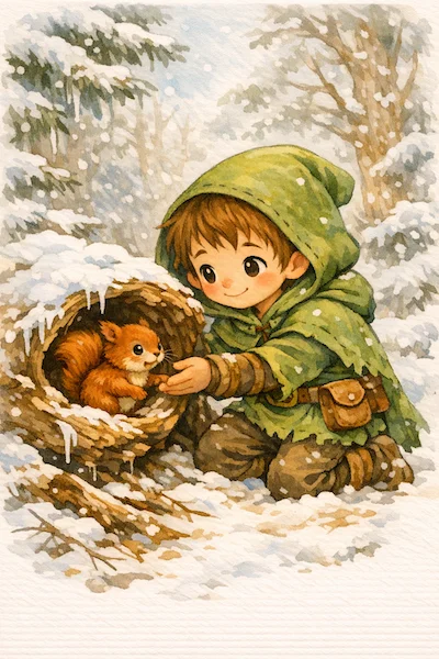 Geschichte fortsetzen: Derselbe Charakter hilft einem verängstigten Eichhörnchen nach einem Wintersturm. Charakterkonsistenz beibehalten.