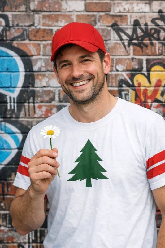 Original: Mann mit Baumlogo auf Hemd