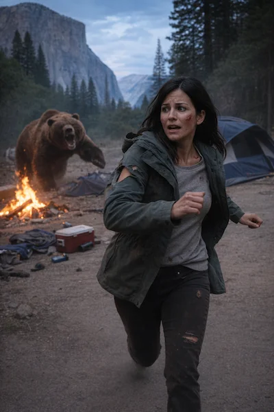 Ausgabe: Realistische Aktionsszene mit Person, die vor Bär wegläuft