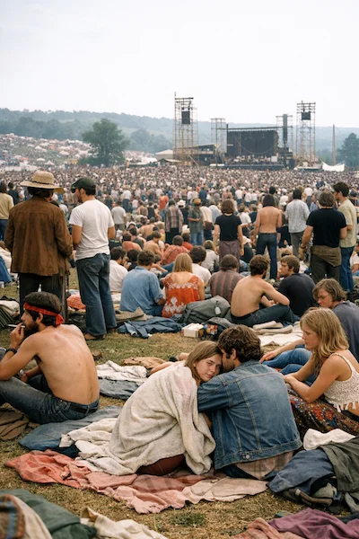 Woodstock-Ära-Szene aus Datums- und Ortskontext abgeleitet