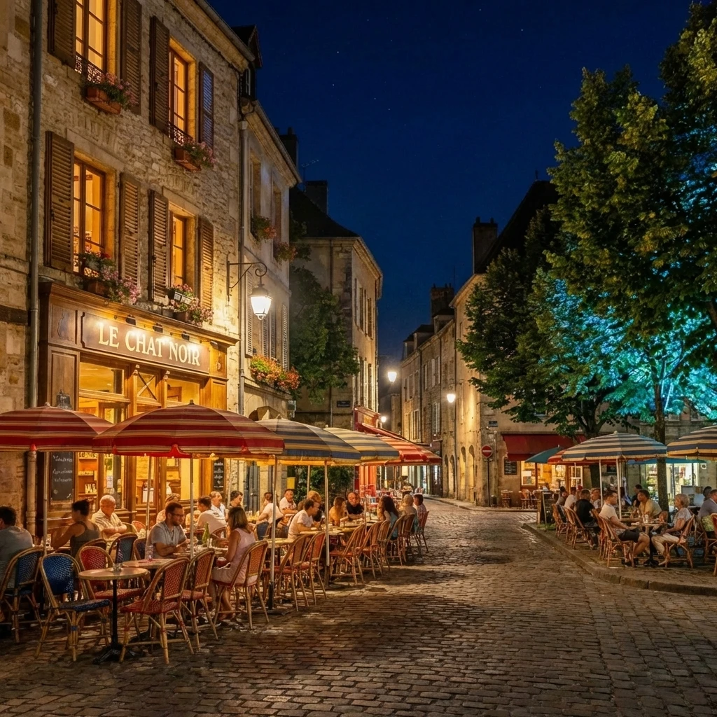 Transformed to night with window lights and moonlight on grass