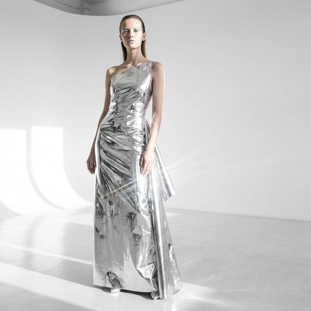 Model in silver metal dress