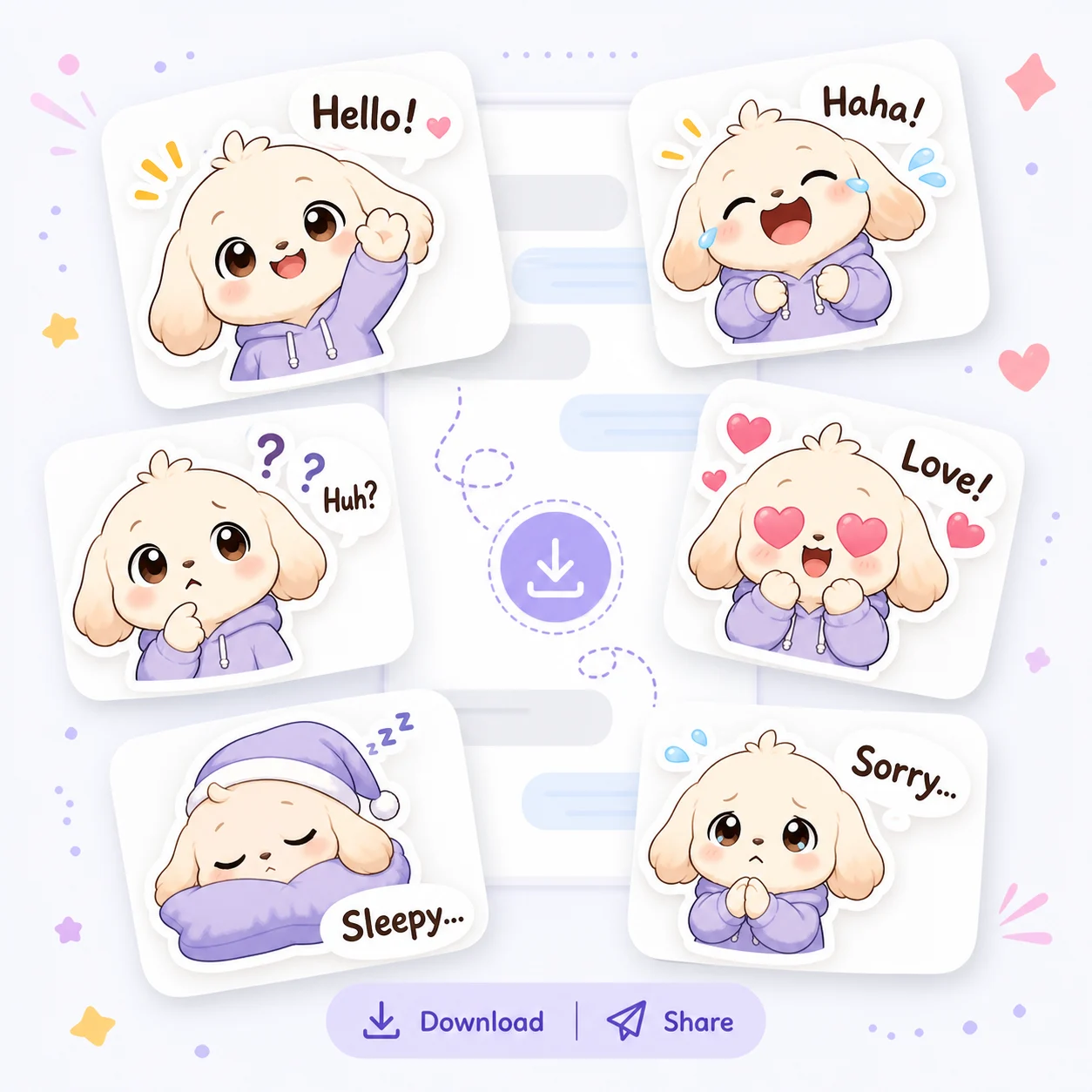 Chat-ready Zalo style sticker cards with download and share cues