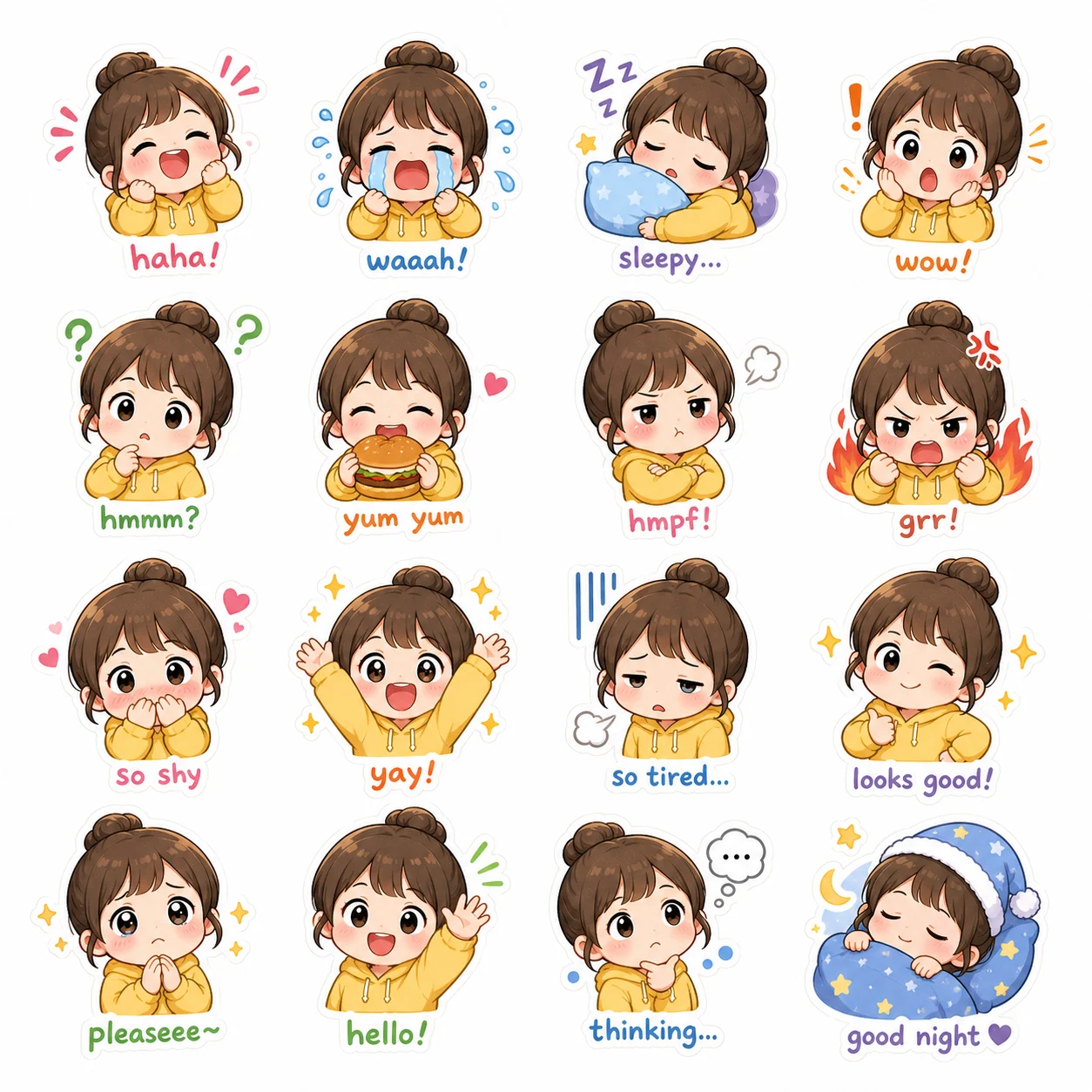 4x4 Zalo style sticker sheet with a cute character