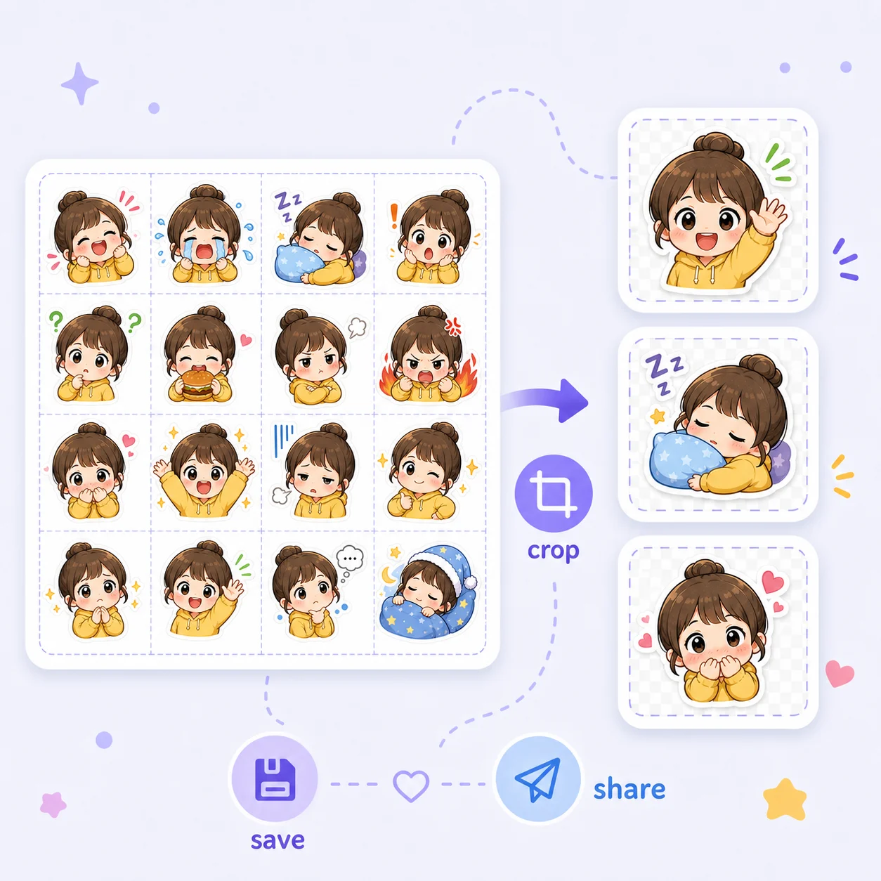A Zalo style sticker crop and share workflow