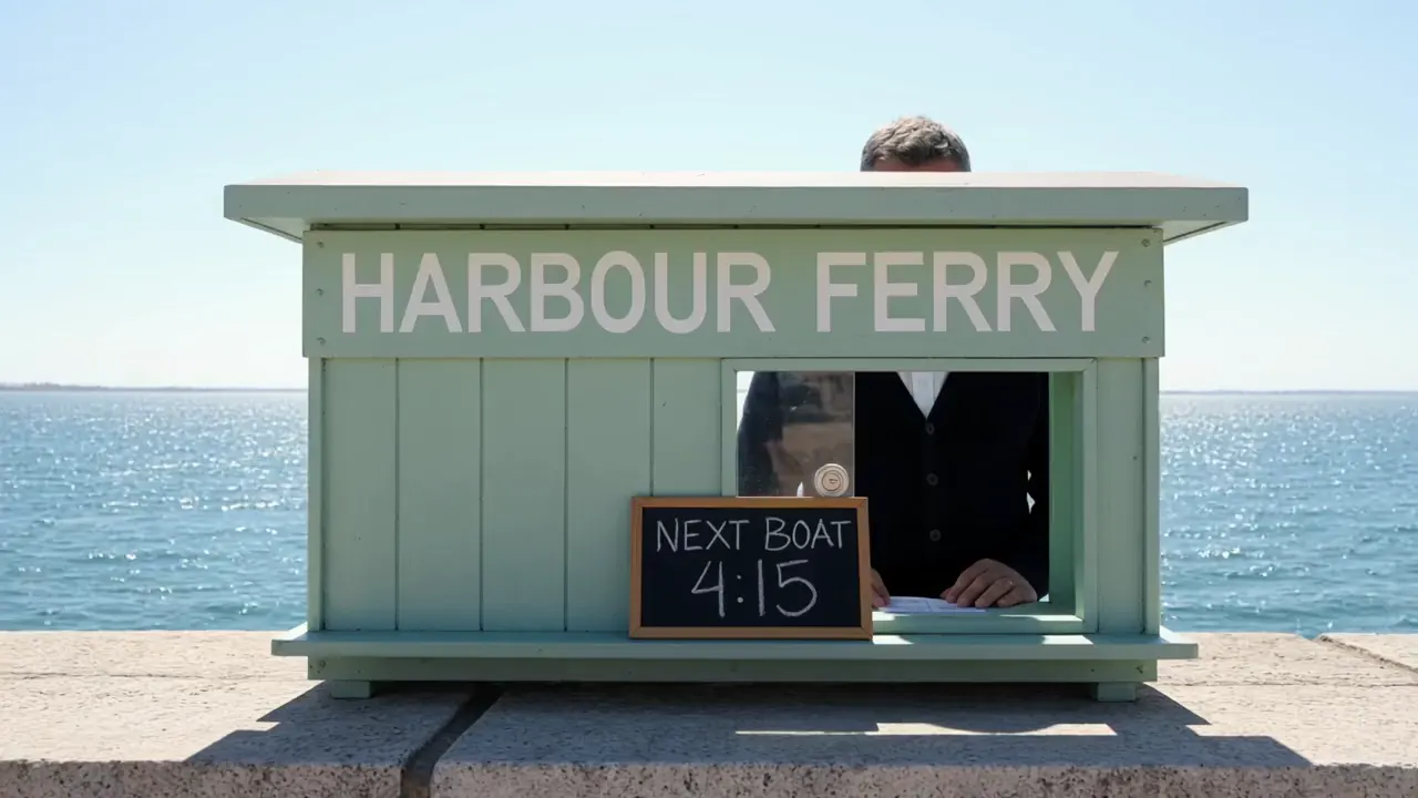 Ferry kiosk sign and subtitle